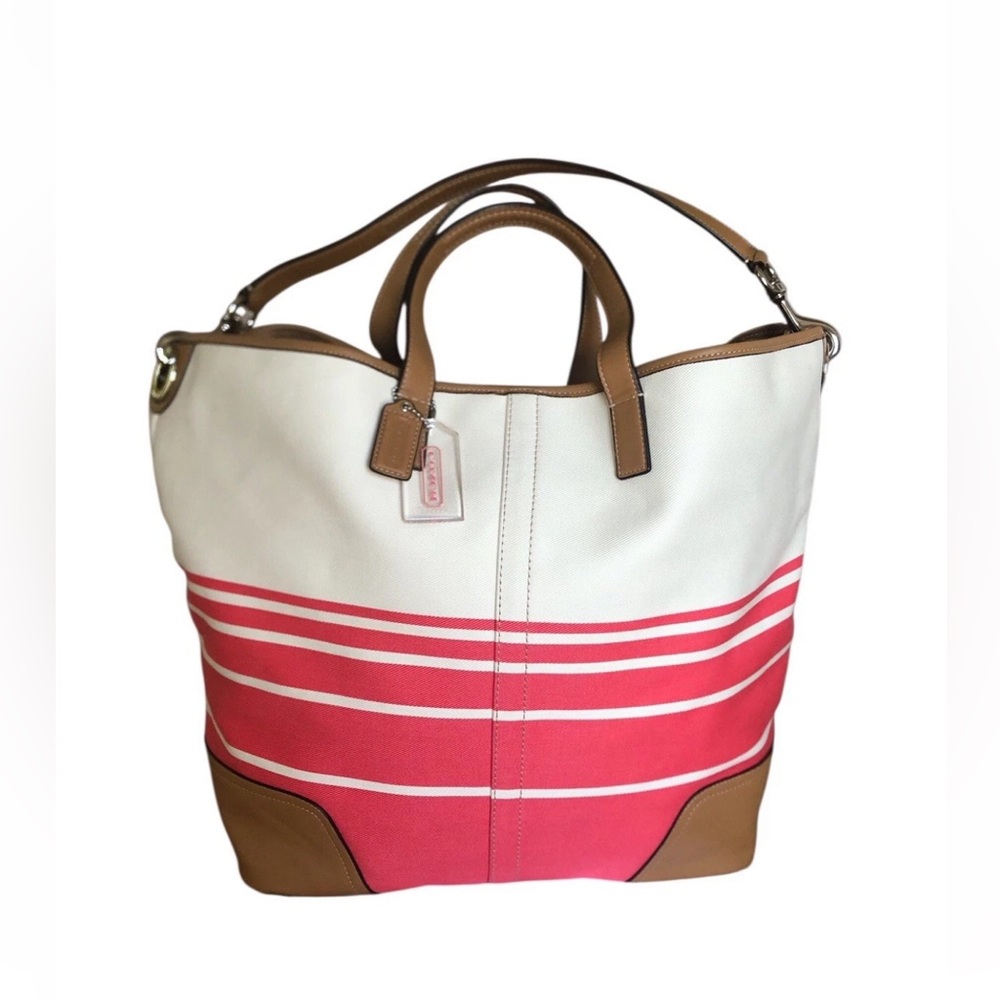 COACH Hadley Variegated Coral & Beige Striped Canvas Leather Duffel Tote Bag